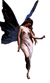 Female fairy with butterfly wings and flowing translucent garment facing right