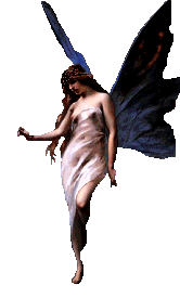 Female fairy with butterfly wings and flowing translucent garment facing left